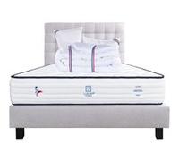 Ensemble Matelas 140x190 cm, Patriote, 27 cm, ressorts ensachés, ferme, face été/hiver + sommier gris ep20cm + 2 oreillers + couette + Tête de Lit G