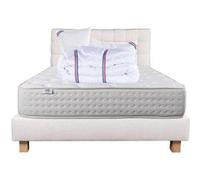 Ensemble Matelas 140x190 cm, Purlux, 26 cm, mousse mémoire de forme, ferme, face été/hiver + sommier beige ep20cm + 2 oreillers + couette + Tête de Lit G