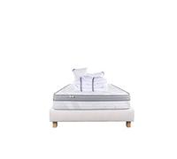 Ensemble Matelas 140x200 cm, Relaxation, 26 cm, ressorts ensachés, ferme, face été/hiver + sommier beige ep20cm + 2 oreillers + couette