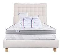 Ensemble Matelas 140x200 cm, ViscoPlus, 26 cm, mémoire de forme, ferme, face été/hiver + sommier beige ep20cm + 2 oreillers + couette + Tête de Lit G