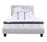 Ensemble Matelas 160x200 cm, Sleeplux, 26 cm, mousse mémoire de forme, ferme, face été/hiver + sommier gris ep20cm + 2 oreillers + couette + Tête de Lit G