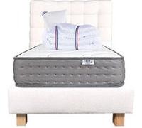 Ensemble Matelas 90x190 cm, Zen, 20 cm, ferme, face été/hiver + sommier beige ep20cm + oreiller + couette + Tête de Lit G