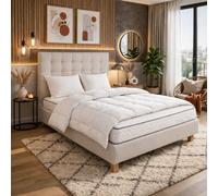 Ensemble matelas Iris, sommier beige, oreiller, couette et tete de lit