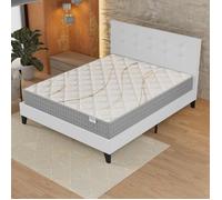 Ensemble MATELAS + LIT (140x190cm)- Essem 25cm Ressorts ensachés & Mousse HDensité + Sommier stable & tête de lit revêtement Blanc
