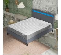 Ensemble MATELAS + LIT (140x190cm)- Galice 25cm Ressorts ensachés & Mémoire de forme + Sommier stable & tête de lit LED Gris