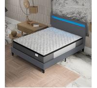Ensemble MATELAS + LIT (160x200cm)- Elekctra 30cm Ressorts ensachés & Mémoire de forme + Sommier stable & tête de lit LED Gris