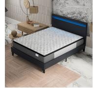 Ensemble MATELAS + LIT (160x200cm)- Elekctra 30cm Ressorts ensachés & Mémoire de forme + Sommier stable & tête de lit LED Noir