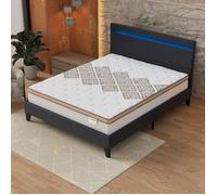 NOVEMBER- Ensemble Matelas + LIT (160x200cm)- Matelas Errakis 28cm Ressorts ensachés & Mousse HDensité + Sommier tête de lit LED Stable & Robuste revêtement synthétique Noir