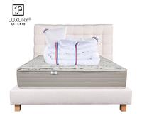 Ensemble Matelas Organic Coton 160x200 cm + 2 Oreillers + Couette + Sommier + Tête de Lit Beige
