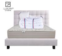 Ensemble Matelas Organic Coton 160x200 cm + 2 Oreillers + Couette + Sommier + Tête de Lit Gris