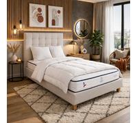 Ensemble matelas Patriote, sommier beige, oreiller, couette et tete de lit