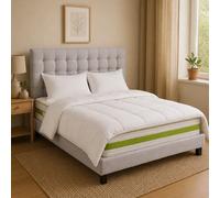 Ensemble matelas Reverie, sommier gris, oreiller, couette et tete de lit