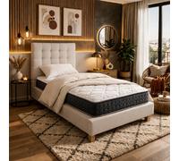 Ensemble matelas Serenite, sommier beige, oreiller, couette et tete de lit