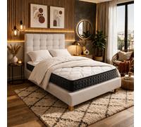 Ensemble matelas Serenite, sommier beige, oreiller, couette et tete de lit