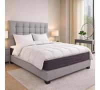 Ensemble matelas Serenite, sommier gris, oreiller, couette et tete de lit