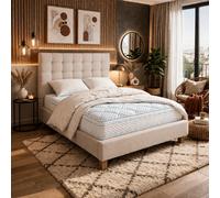 Ensemble matelas Thermotec, sommier beige, oreiller, couette et tete de lit