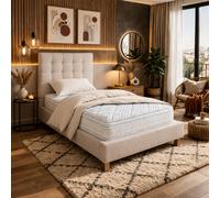 Ensemble matelas Thermotec, sommier beige, oreiller, couette et tete de lit