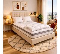Ensemble matelas Visco+, sommier beige, oreiller, couette et tete de lit