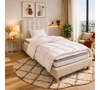 Ensemble matelas Visco+, sommier beige, oreiller, couette et tete de lit