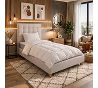 Ensemble matelas Zen, sommier beige, oreiller, couette et tete de lit