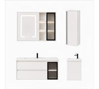 Ensemble meuble de salle de bain avec vasque, armoire miroir LED et colonne - 100 cm - Blanc - ARVIA
