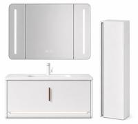 Ensemble meuble de salle de bain avec vasque, armoire miroir LED et colonne - 100 cm - Blanc - VALEN