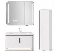 Ensemble meuble de salle de bain avec vasque, armoire miroir LED et colonne - 80 cm - Blanc - VALEN