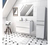 Ensemble Meuble de salle de bain blanc 80 cm suspendu 2 tiroirs + vasque ceramique blanche + miroir