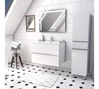 Ensemble Meuble de salle de bain blanc 80 cm suspendu 2 tiroirs + vasque ceramique blanche + miroir