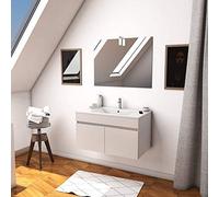 Ensemble Meuble de salle de bain blanc 80cm suspendu a portes + vasque ceramique blanche + miroir