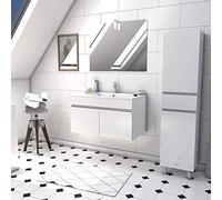 Ensemble Meuble de salle de bain blanc 80cm suspendu a portes + vasque ceramique blanche + miroir