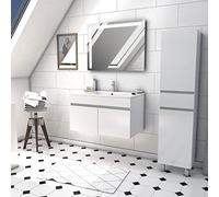 Ensemble Meuble de salle de bain blanc 80cm suspendu a portes + vasque ceramique blanche + miroir