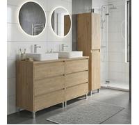 Ensemble meuble double vasque à poser L. 120 cm + 1 colonne sur pied 6 tiroirs Chêne naturel LISBONA