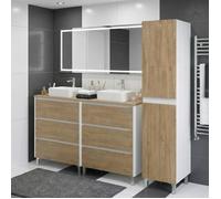 Ensemble meuble double vasque à poser L. 120 cm + 1 colonne sur pied Blanc laqué 6 tiroirs Chêne naturel LISBONA