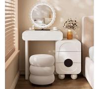 Ensemble Meuble-lavabo avec Commode à Trois tiroirs, Tabouret et Miroir | Vanité intégrée avec commode et rangement, style crème vintage(White,80cm(31in))