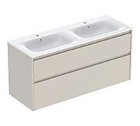 Geberit Renova Plan Ensemble lavabo double meuble bord étroit, avec meuble sous lavabo, 2 tiroirs, 130x62,1x48cm, 504042DB8, Couleur: Lavabo: blanc/KeraTect, façade/carcasse: gris sable/laqué satiné -