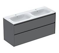 Geberit Renova Plan Ensemble lavabo double meuble bord étroit, avec meuble sous lavabo, 2 tiroirs, 130x62,1x48cm, 504042JK1, Couleur: Lavabo: blanc, façade/carcasse: lava/laqué satiné - CM