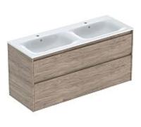 Geberit Renova Plan Ensemble lavabo double meuble bord étroit, avec meuble sous lavabo, 2 tiroirs, 130x62,1x48cm, 504042JR1, Couleur: lavabo : blanc, façade/carcasse : structure en noyer, hickory/méla