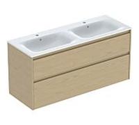 Geberit Renova Plan Ensemble lavabo double meuble bord étroit, avec meuble sous lavabo, 2 tiroirs, 130x62,1x48cm, 504042PS1, Couleur: lavabo : blanc, façade/carcasse: chêne nature/mélamine - CM