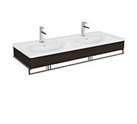 Ensemble meuble-lavabo double VitrA Equal 64098 132,5 x 52 cm, meuble-lavabo asymétrique, blanc, porte-serviettes, panneau en bois d'orme
