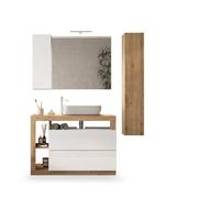Ensemble meuble Salle de bain 110cm simple vasque + colonne - Coloris chêne clair et laqué blanc - HAMBOURG