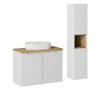 Ensemble Meuble Salle de Bain 2 portes 80 cm + Vasque + Plateau effet chêne + Colonne - Astral Blanc