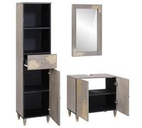 Ensemble Meuble Salle de Bain 3 Pièces Gris Bois Manguier Massif | Finitions dorées, poignées laiton, rangement mural, entretien facile, style rustique, design gain de place