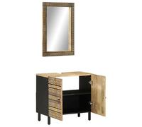 Ensemble Meuble Salle de Bain en Bois de Manguier Massif avec Miroir Mural | Bois tropical robuste, veines uniques, miroir fixe mural, pieds en fer, fixation -bascule fournie, style naturel