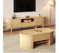 Ensemble meuble salon avec table basse relevable et meuble TV, effet bois naturel, rangement et rotin