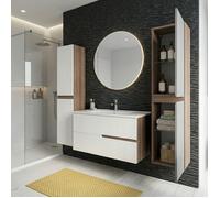 Ensemble meuble simple vasque L.100cm + 2 colonnes à suspendre Chêne Moka 2 tiroirs Blanc brillant cannelé EVA