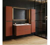 Ensemble meuble simple vasque L.100cm + 2 colonnes à suspendre Chêne Moka 2 tiroirs Brique cannelé EVA