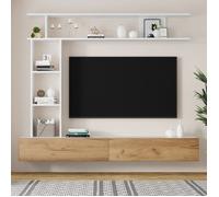 Ensemble Meuble TV 180cm, Meuble Paroi Murale avec Vitrine et Étagères, Meuble de Salon Suspendu ou Posé, Blanc et Bois