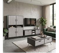 Ensemble meuble TV 180cm + table Basse + meuble bar bois grisé et noir - BROOKLYN