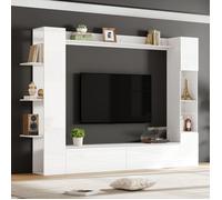 Ensemble Meuble TV 228 x 30 x 170 cm avec Étagères, Colonne de Rangement Vitré - Surface Blanc Haute Brillance